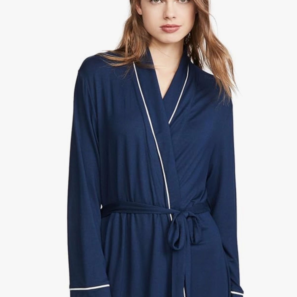 Eberjey Navy Blue Long Sleeve Robe with White Piping